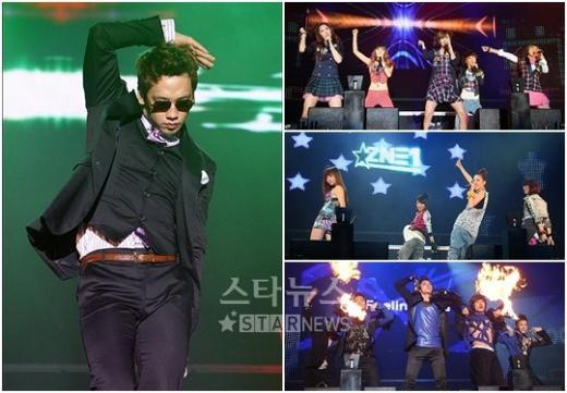 '파워 오브 러브' 공연에 참여한 비, 포미닛, 2NE1, 엠블랙(왼쪽부터 시계방향으로) ⓒ사진=유동일 기자 eddie@