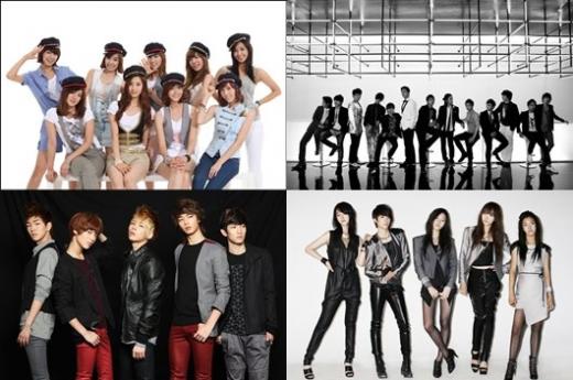 SM의 소녀시대, 슈퍼주니어, f(x), 샤이니(왼쪽 위부터 시계방향)