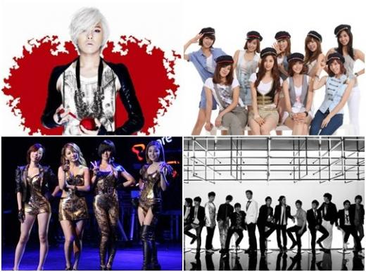 지드래곤,소녀시대,슈퍼주니어,브라운아이드걸스(왼쪽 위부터 시계방향)