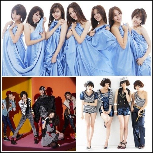 레인보우, 브라운아이드걸스, 에프엑스(위부터 시계방향)