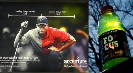 ↑타이거 우즈가 출연한 액센츄어의 기업광고(왼쪽)와 우즈의 이름을 딴 게토레이 타이거 포커스 
