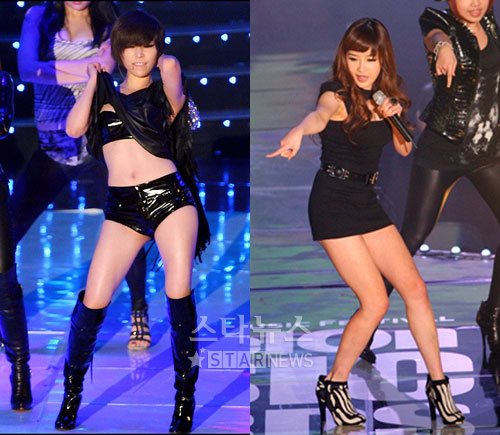 브라운아이들걸스의 가인(왼쪽)과 2NE1의 박봄의 무대 ⓒ이명근 송희진 기자