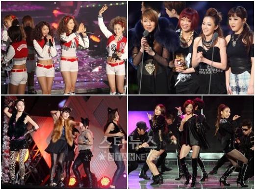 소녀시대,2NE1,브라운아이드걸스,티아라(왼쪽 위부터 시계방향)