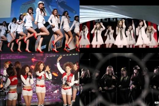 소녀시대의 '소원을 말해봐', '초콜릿 러브', '런 데빌 런', '오!'(왼쪽 위부터 시계방향으로)