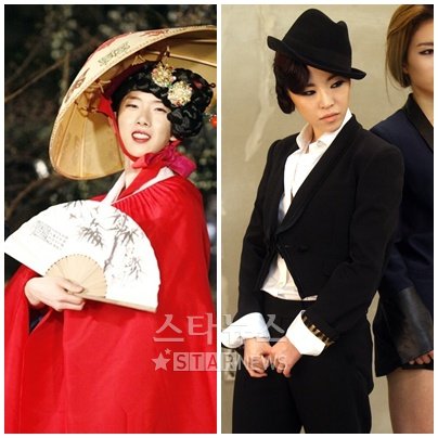 여장한 조권(왼쪽, 화면캡처=SBS '패밀리가 떴다')와 스타뉴스&스타일M&아레나옴므플러스(5월호)에서 남장 패션화보를 선보인 가인 ⓒ사진=홍봉진 기자