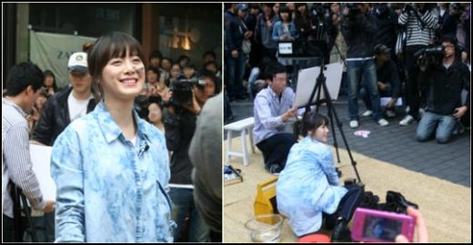 28일 오전 각종 연예 기시판을 통해 공개된 구혜선이 구두닦이에 도전한 사진  