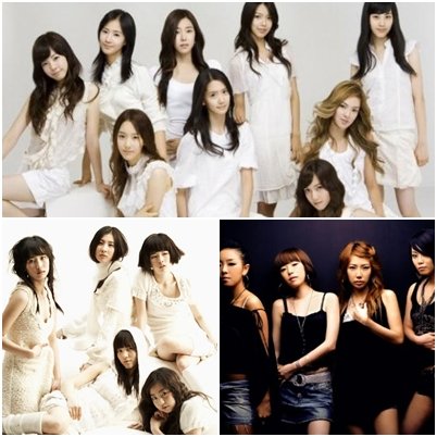 신인시절 소녀시대, 브아걸, 원더걸스(위부터 시계방향)