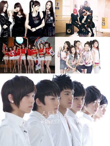 씨스타, miss A, 걸스데이, 나인뮤지스, 틴탑(왼쪽 위부터 시계방향)