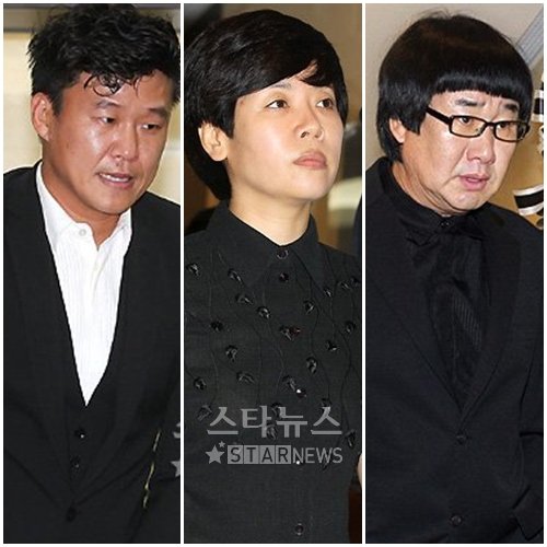 ↑(왼쪽부터)고 백남봉의 빈소를 찾은 후배 개그맨 홍록기 김미화 최양락 ⓒ홍봉진 기자