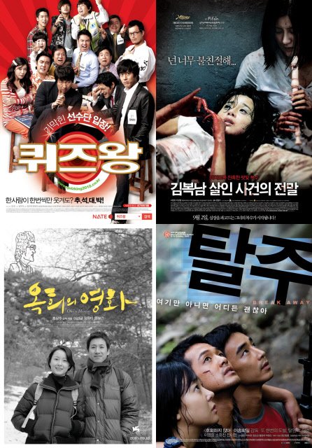 ⓒ왼쪽 위에서부터 시계방향으로 영화 '퀴즈왕', '김복남 살인 사건의 전말', '탈주', '옥희의 영화'의 포스터
