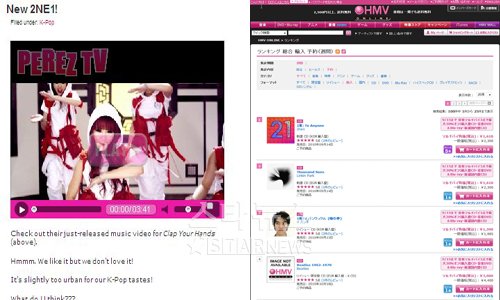 美 페레즈힐튼닷컴(왼쪽)과 日 HMV 수입음반 차트 