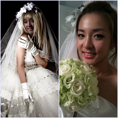 산다라박이 공개한 합성웨딩드레스 착용사진(왼쪽)과 실제로 웨딩드레스를 착용 컷 ⓒ산다라박 미투데이