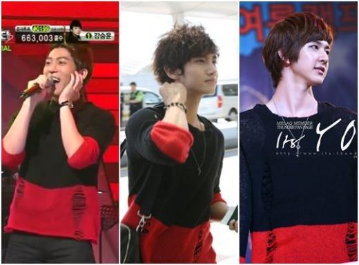 사진 왼쪽부터 같은 옷을 입은 존박과 최강창민, 천둥. <사진=Mnet 캡처, SM엔터테인먼트, 천둥 팬카페> 