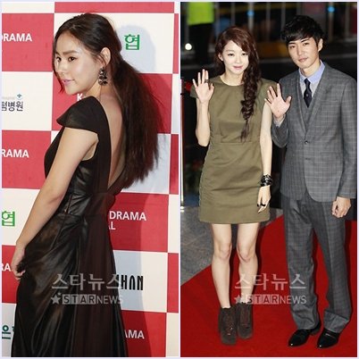 2010 코리아 드라마 어워즈에 참석한 사회자 민효린(왼쪽)과 시상자 장희진 데니안 ⓒ류승희 인턴기자