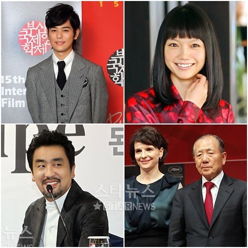 왼쪽 위에서부터 시계방향으로 츠마부키 사토시, 미야자키 아오이, 줄리엣 비노쉬(왼쪽)와 김동호 집행위원장, 류승범 ⓒ머니투데이 스타뉴스