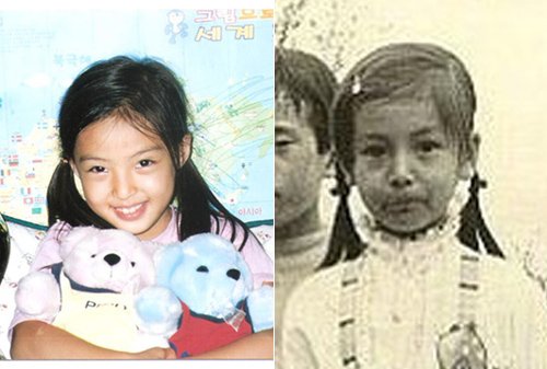 남녀공학의 한별혜원(왼쪽)과 배우 황신혜의 어린시절 사진