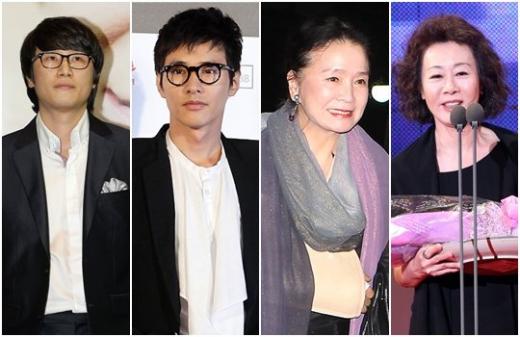 사진 왼쪽부터 제 47회 대종상 영화제 시상식에서 남우조연상을 수상한 송새벽, 남우주연상을 수상한 원빈, 여우주연상을 수상한 윤정희, 여우조연상을 수상한 윤여정
