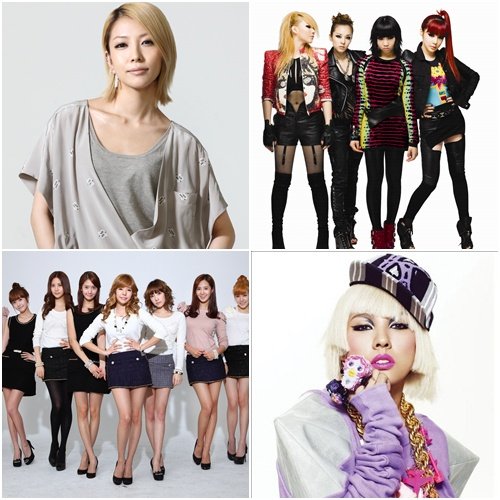 보아, 2NE1, 이효리, 소녀시대(왼쪽 위부터 시계방향)