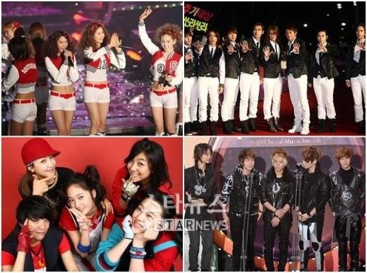 소녀시대,슈퍼주니어,샤이니,f(x).(사진 위 왼쪽부터 시계방향으로)