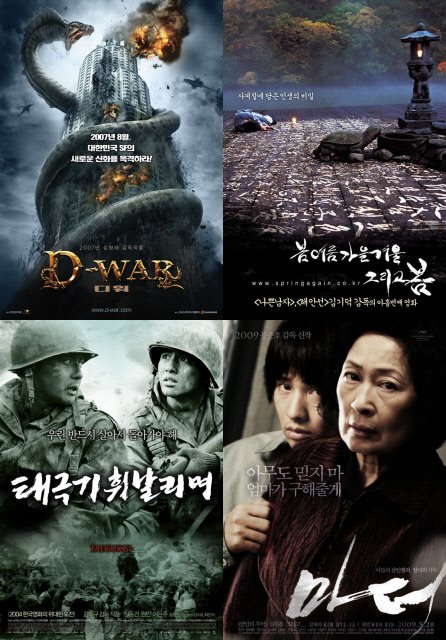 ⓒ왼쪽 위에서부터 시계방향으로 '디워', '봄 여름 가을 겨울 그리고 봄', '마더', '태극기 휘날리며'의 포스터
