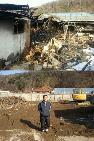 화재로 불탄 이왕구 전 유치리 이장의 집(위)과 이 전 이장(아래) <사진='청춘불패' 김호상PD 제공>