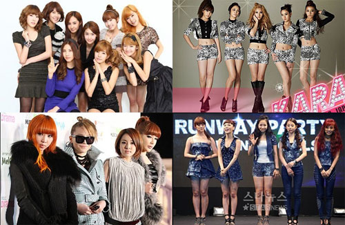 소녀시대 카라 원더걸스 2NE1(왼쪽 위부터 시계방향)
