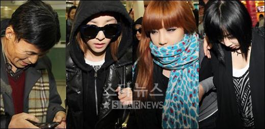 이병훈PD와 2NE1의 산다라박 박봄 공민지(왼쪽부터) ⓒ김포국제공항=임성균 기자