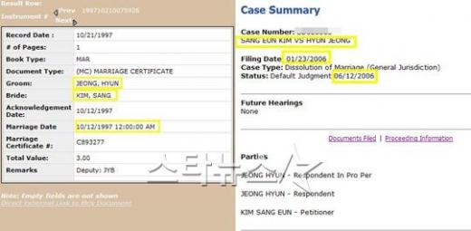 서태지-이지아의 결혼기록(왼쪽)과 이지아의 이혼신청 기록