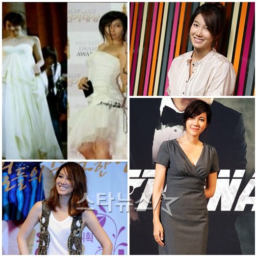 MBC '연기대상' 참석 당시 입은 화이트 드레스, 2008년 스타뉴스와의 인터뷰, 2010년 SBS '아테나-전쟁의 여신' 제작발표회의 그래이 원피스, 2009년 SBS '스타일'에서 입은 화이트 셔츠와 팬츠ⓒ스타뉴스(맨 좌측부터 시계방향)