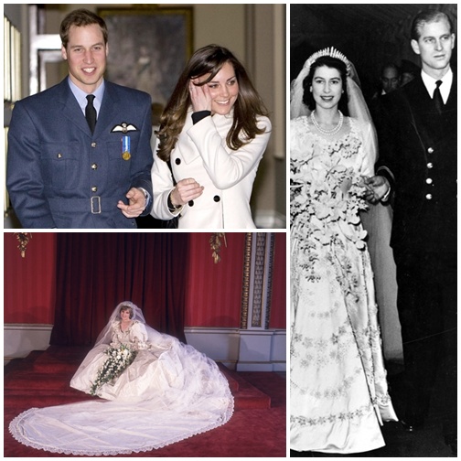 <사진=윌리엄 왕자&케이트 미들턴, 엘리자베스 2세와 필립 공의 결혼식, 고 다이애나비의 웨딩드레스(위쪽 좌측부터 시계방향), 온미디어 제공>