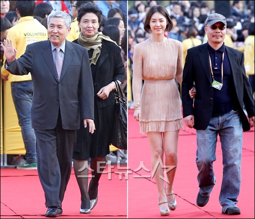아내인 영화배우 채령과 전주영화제 개막식 레드카펫을 밟은 임권택 감독(사진 왼쪽), 이연희와 함께한 이명세 감독. ⓒ송지원 기자 g1still@