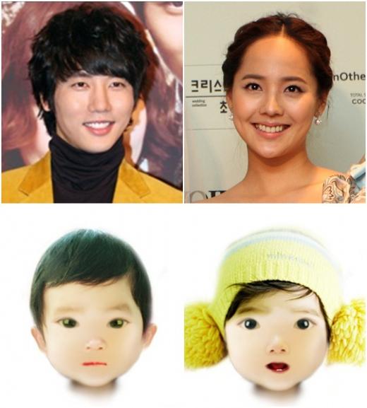 기태영과 유진(위), 두 사람의 모습을 합성한 아들과 딸의 모습ⓒ머니투데이 스타뉴스, 오케이 웨딩 '2세 사진 보기' 어플
