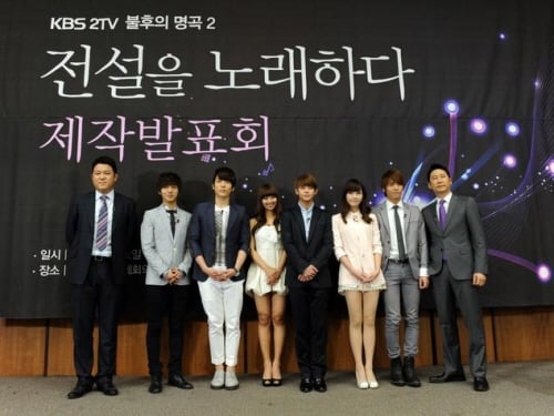 '불후의 명곡2'의 MC 김구라, 수퍼주니어 예성, 2AM 창민, 씨스타 효린, 비스토 양요섭, 아이유, 샤이니 종현, MC 신동엽(왼쪽부터) <사진=KBS>