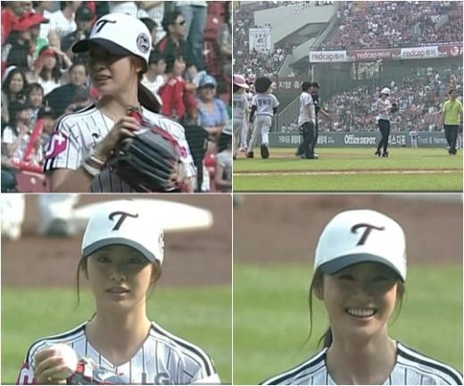 2011 롯데카드 프로야구 시구에 나선 김태희 ⓒ사진=MBC 라이프 'LG 트윈스와 SK 와이번즈 경기' 중계 화면  
