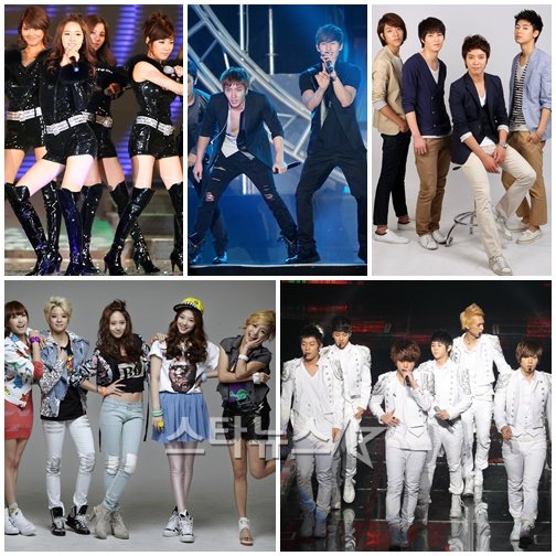 왼쪽 위부터 시계방향으로 소녀시대, 슈퍼주니어, 씨엔블루, 비스트, f(x)