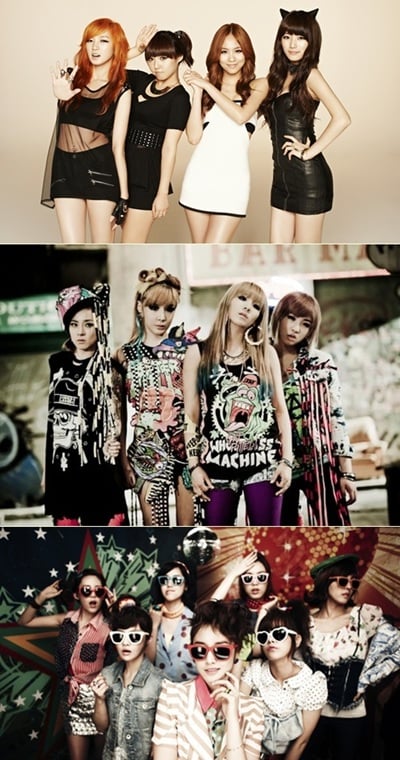 걸그룹 미쓰에이(위쪽부터), 2NE1, 티아라 