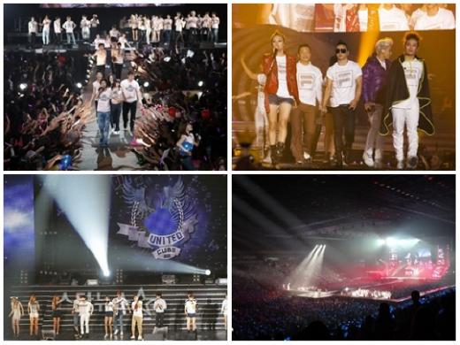 SM타운, YG패밀리, JYP네이션, 유나이티드 큐브 콘서트(왼쪽 위부터 시계 방향)