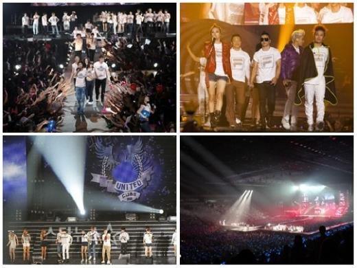 SM타운, YG패밀리, JYP네이션, 유나이티드 큐브 콘서트(왼쪽 위부터 시계 방향)