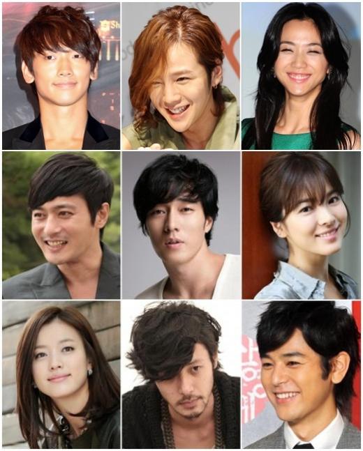 사진 왼쪽 위부터 아래로 비, 장근석, 탕웨이/장동건, 소지섭, 송혜교/한효주, 오다기리 조, 츠마부키 사토시