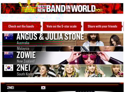 2NE1이 후보에 오른 MTV 'Best New Band In The World' 홈페이지