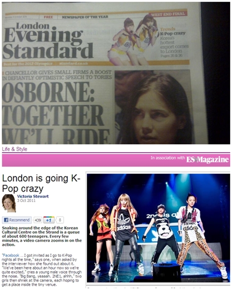 ↑\'런던 이브닝 스탠다드\' 1면에 등장한 소녀시대 태연과 티파니(위)와 \'런던 이브닝 스탠다드\' 공식 홈페이지에 등장한 2NE1   ⓒ출처= 베스티즈, \'런던 이브닝 스탠다드\' 공식 홈페이지