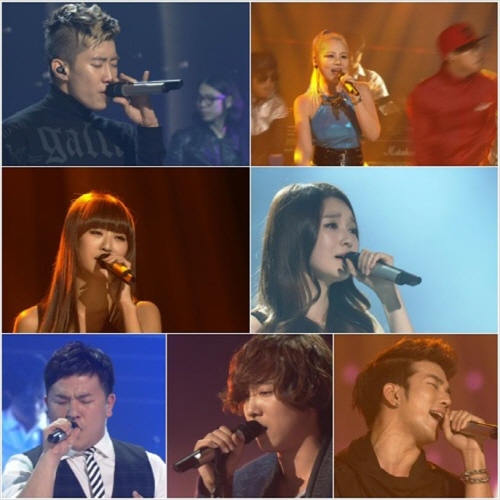 '불후의 명곡2' 왕중왕전에 출연한 박재범, 알리, 강민경, 지오, 이홍기, 허각, 효린(왼쪽 위부터 시계 방향) <사진=KBS>