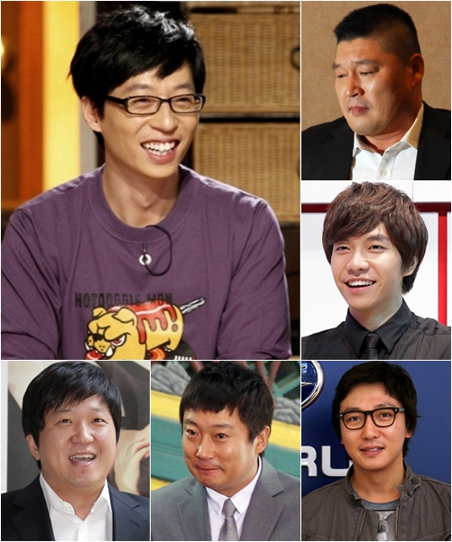 사진 왼쪽 위부터 시계방향으로 유재석, 강호동, 이승기, 탁재훈, 이수근, 정형돈 