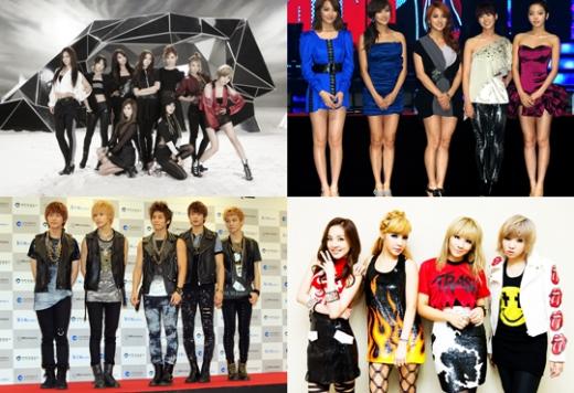 소녀시대(왼쪽부터 시계방향), 카라, 2NE1, 샤이니 