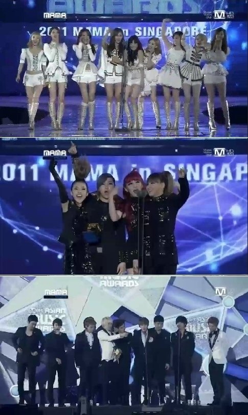 소녀시대 2NE1 슈퍼주니어(위부터) 