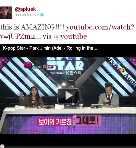 애쉬튼 커쳐가 트위터에 올린 'K팝스타' 영상 ⓒ사진=애쉬튼 커쳐 트위터  