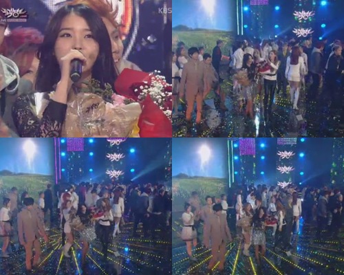 13일 오후 '뮤직뱅크'에서 6주 연속 1위를 차지한 아이유가 수상 소감 후 앙코르 무대에서 웨이브를 하고 있다 <사진=화면캡처>