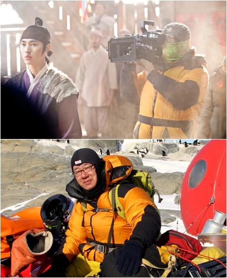 '해를 품은 달' 촬영 현장에서의 송인혁 촬영감독(사진 위)와 '남극의 눈물' 촬영 도중의 송 촬영감독. 같은 노란색 점퍼를 입고 있어 눈길을 끈다. <사진=MBC>