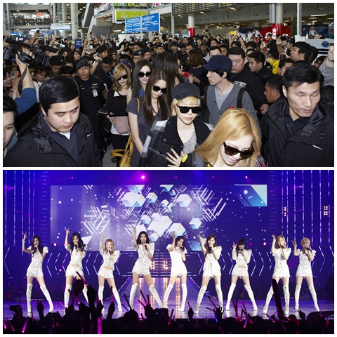 태국 방콕 공항에 소녀시대를 보기 위해 몰려든 현지팬들(위)-소녀시대 투어 콘서트 무대