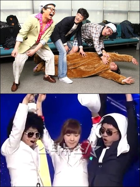 (위)SBS '개그투나잇'의 '하오&차오' 서기원, 김성기, 손민혁, 정세협 ⓒ사진=남윤호 인턴기자 (아래) KBS 2TV '개그콘서트'의 '용감한 녀석들' 박성광, 신보라, 정태호 ⓒ사진=방송화면 